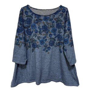 Ruby Rd Women Top 1X 3/4 Sleeve Blue Floral Polyester Super Soft Fleece Feel